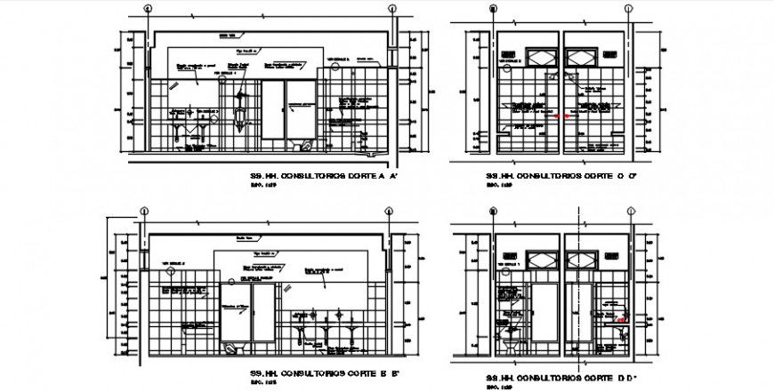 All sided sections and installation details of public toilet dwg file