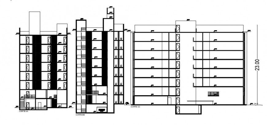 All three sided section drawing details of multi-level office building dwg file