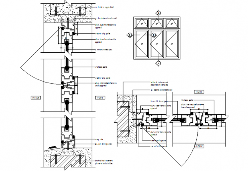 Aluminium frame casement window elevation and installation drawing details dwg file