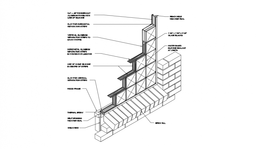 Aluminium Frame in Brick Veneer wall isometric constructive section details dwg file