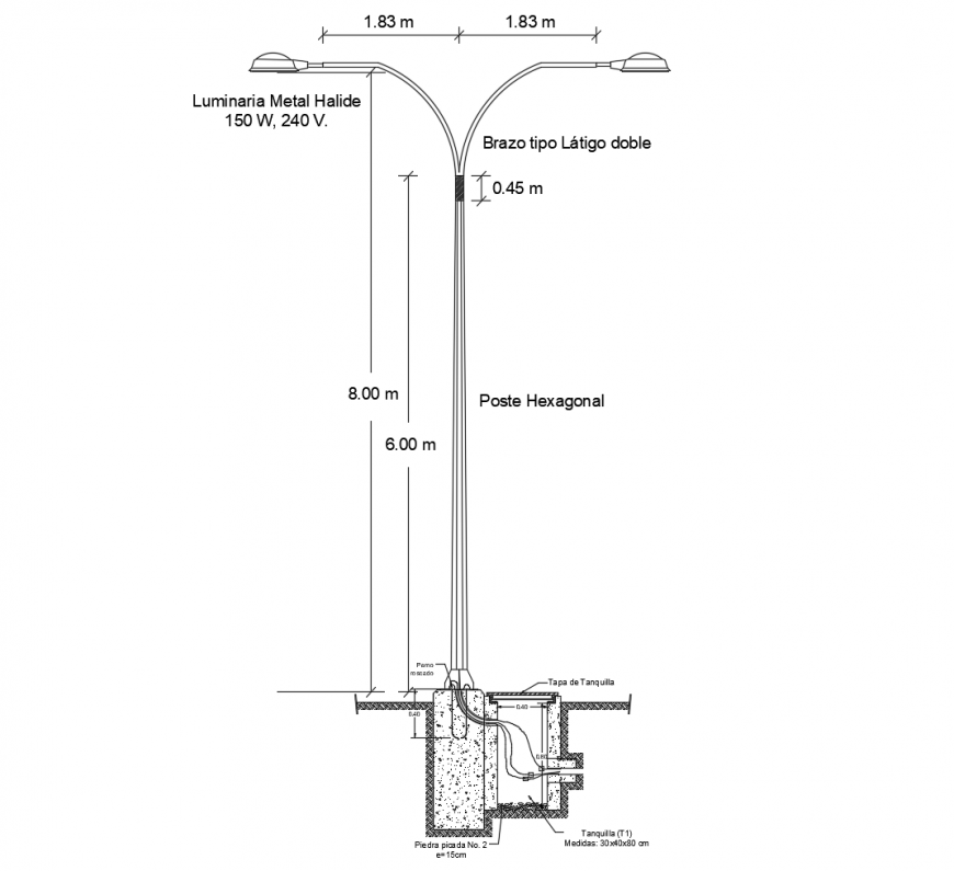 Aluminium light pole section and installation drawing details dwg file
