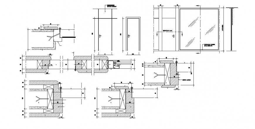 Aluminium section door elevation and installation cad drawing details dwg file