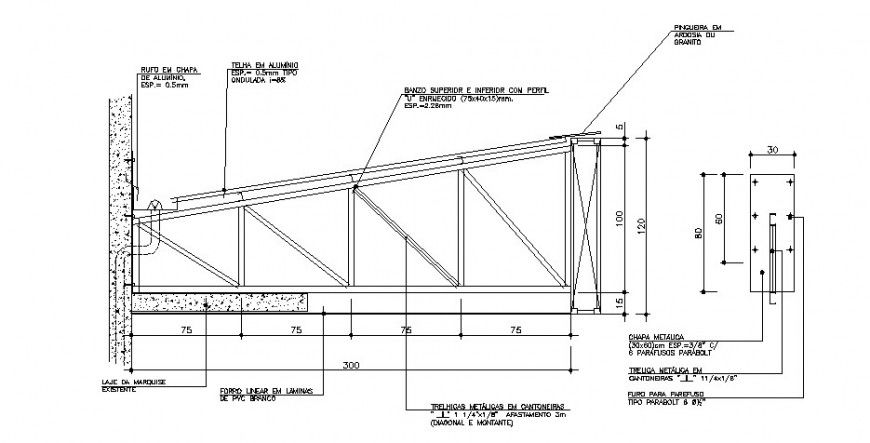 Aluminium structured roof constructive section cad drawing details dwg file