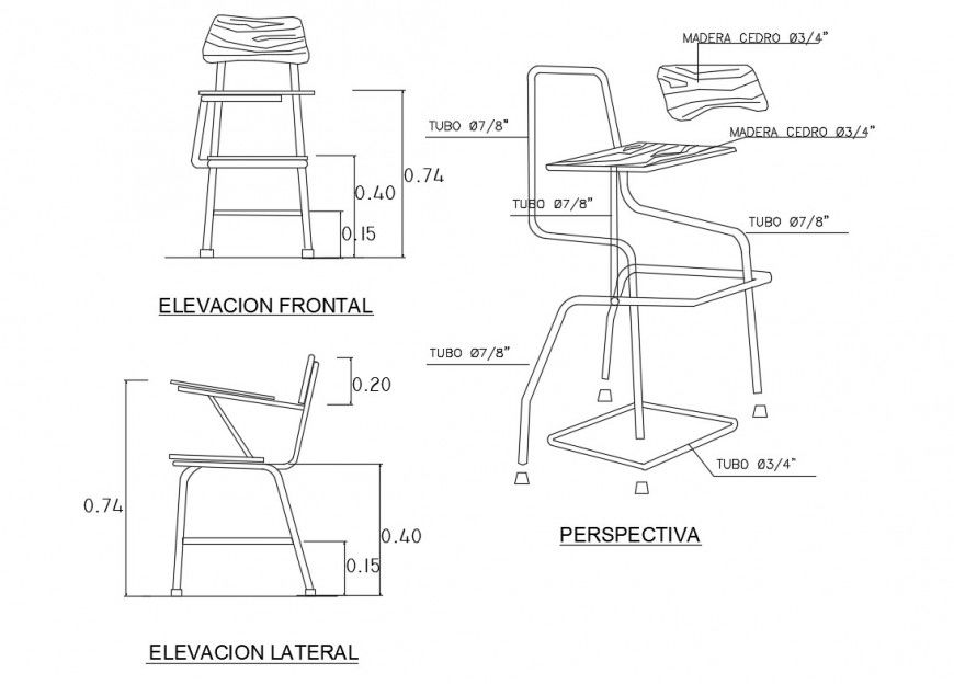 Aluminium student chair elevation and perspective view cad drawing details dwg file