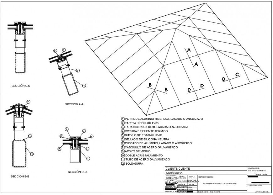 Aluminum and steel pyramidal skylight dwg file in Autocad format