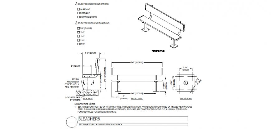 Aluminum bench isometric view with view of front and section view dwg file