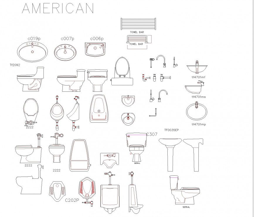 American water closed, urinal and sink plan layout file