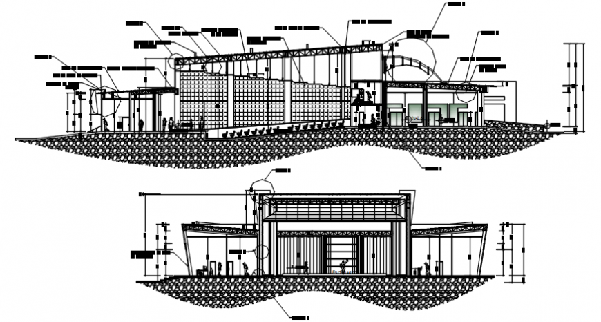 Amphi theater front and side section cad drawing details dwg file