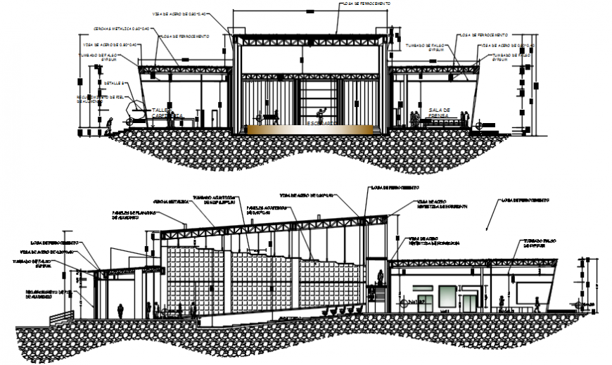 Amphi theater frontal and back section cad drawing details dwg file