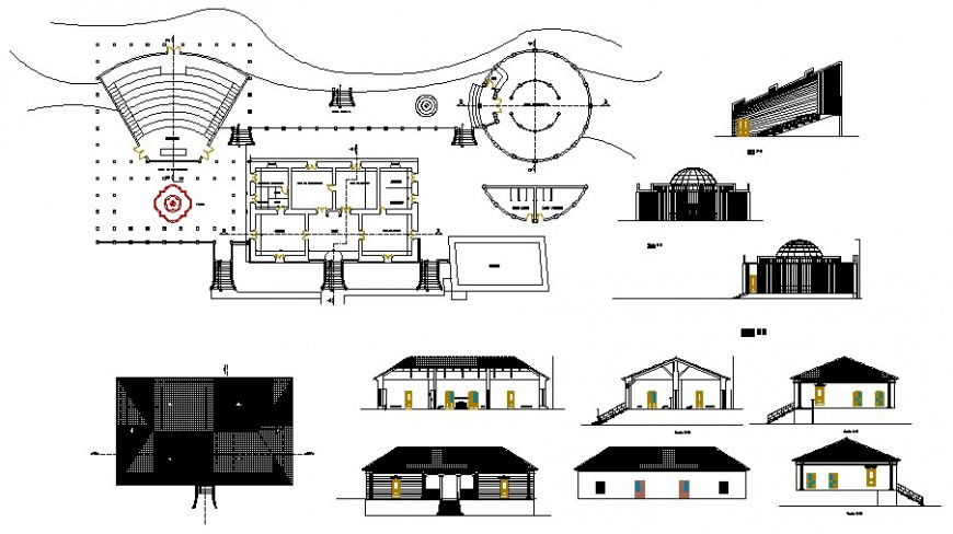 Amphitheater detail drawing with plan and elevation in AutoCAD file.