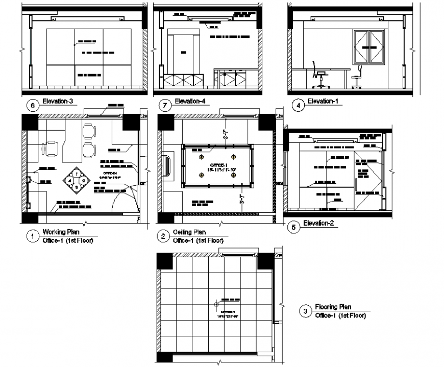 An office plan with detailing & dwg file.