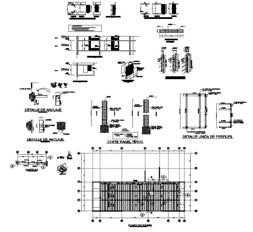 Anchor and panel structure detail 2d view plan and section CAD block layout autocad file