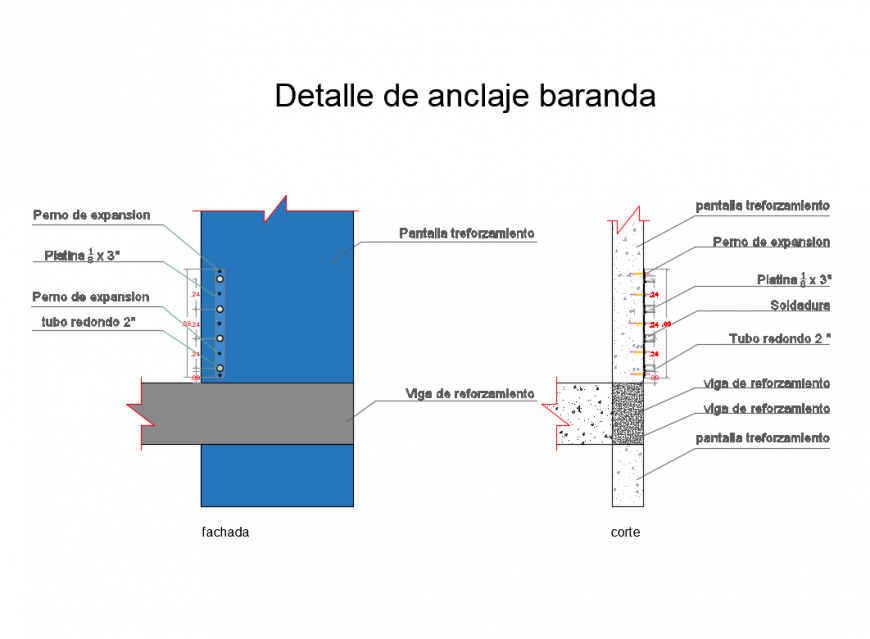 Anchor details railing reinforcement cad drawing details dwg file