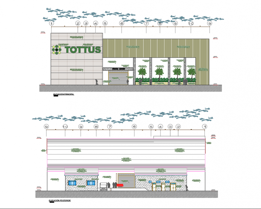 Anchor development office facade and back elevation details dwg file