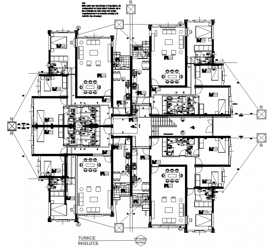 Apartment 4 block unit plan in dwg file.