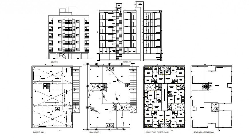 Apartment building block elevation and distribution plan cad drawing details dwg file