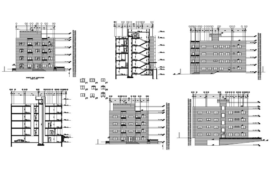 Apartment building different axis elevation in auto cad