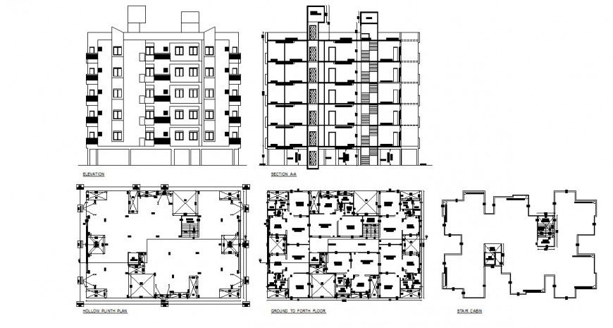 Apartment building elevation, ground floor, cabin and hollow platinum plan details dwg file
