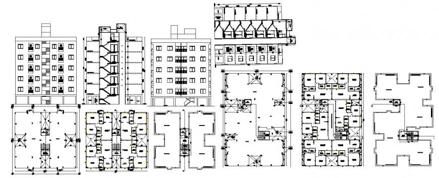 Apartment building elevation, section, floor plan, structure and auto-cad drawing details dwg file