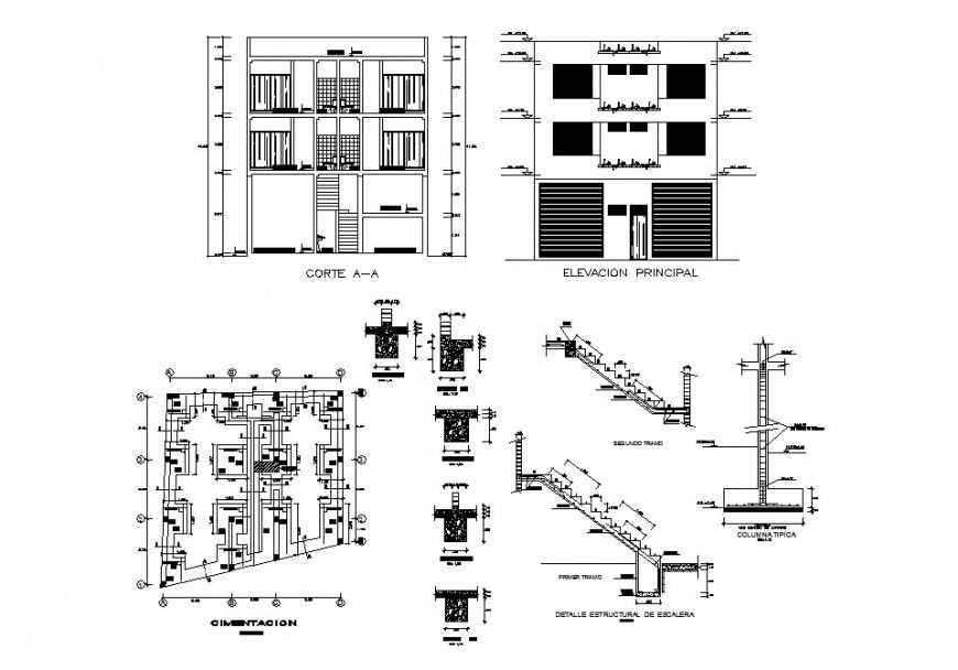 Apartment building elevation, section and several construction details dwg file