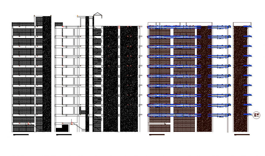 Apartment building elevation with architectural design dwg file