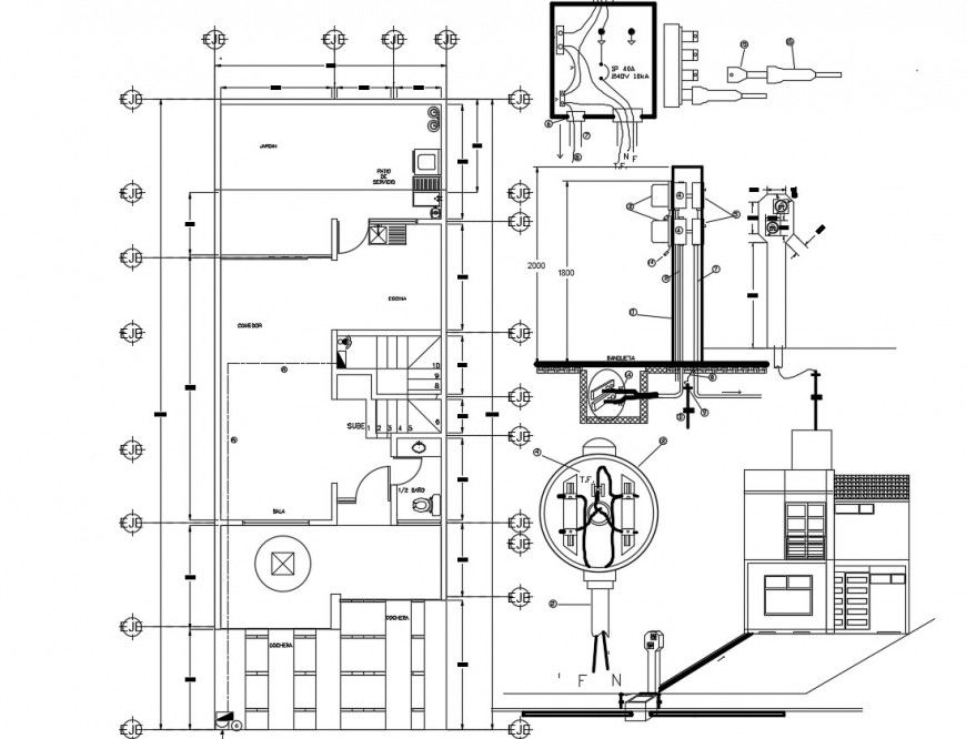 Apartment building first floor electrical installation and automation details dwg file
