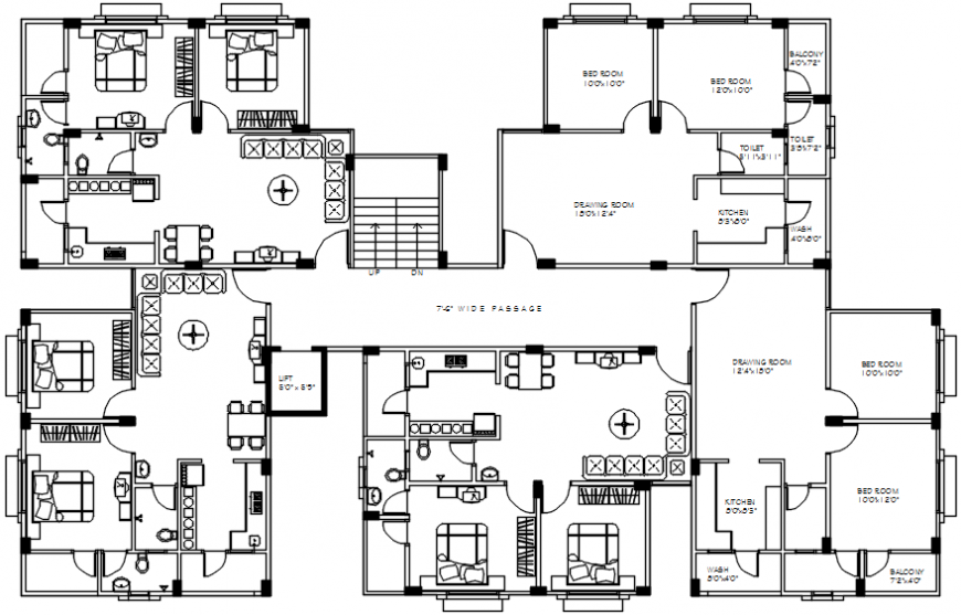 Apartment building floor distribution plan with furniture cad drawing details dwg file