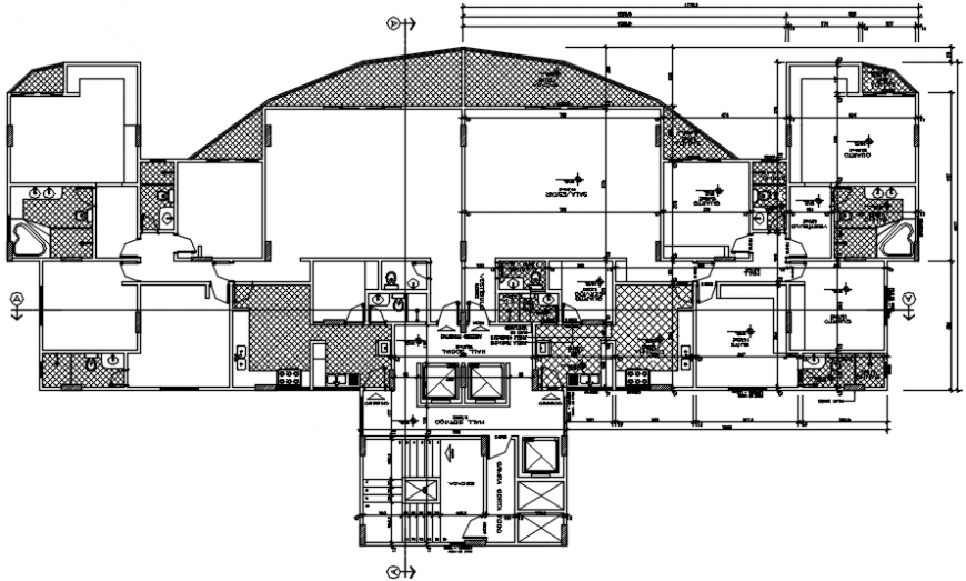 Apartment building floor plan and sanitary installation details dwg file