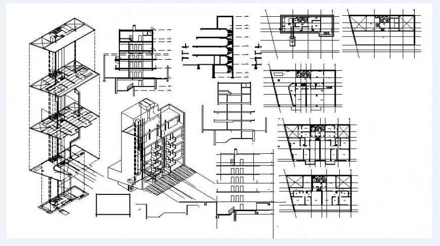 Apartment building isometric elevations, sections and floor plan cad drawing details dwg file