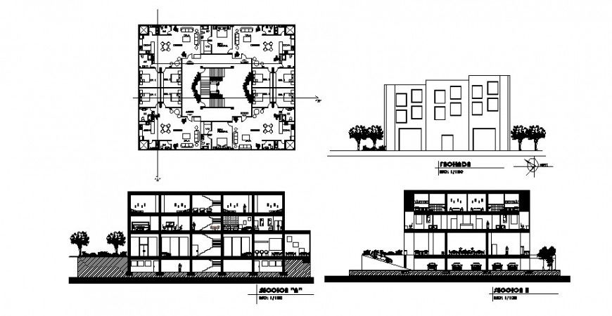 Apartment building main elevation and main and back section and distribution plan cad drawing details dwg file