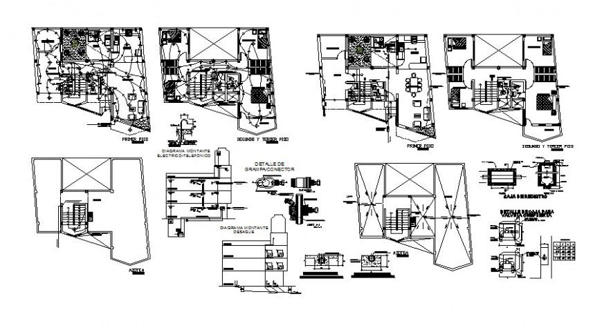 Apartment building section, floor plan with electrical installation and auto-cad drawing details dwg file