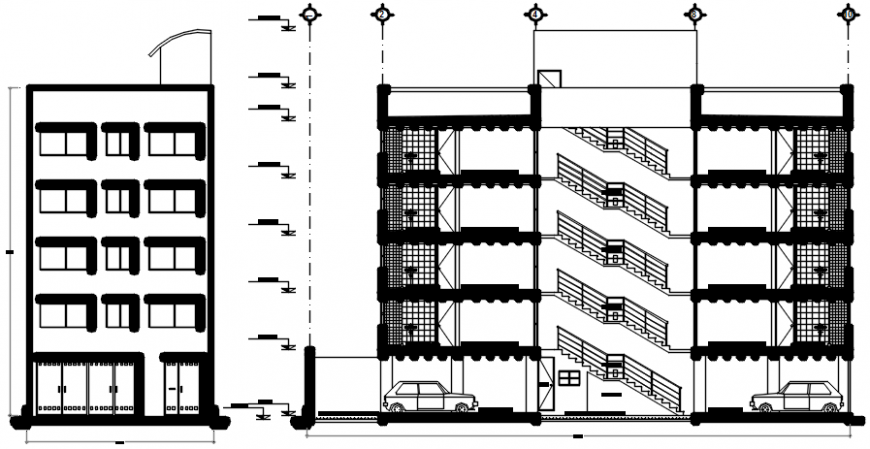 Apartment building side elevation and main section drawing details dwg file