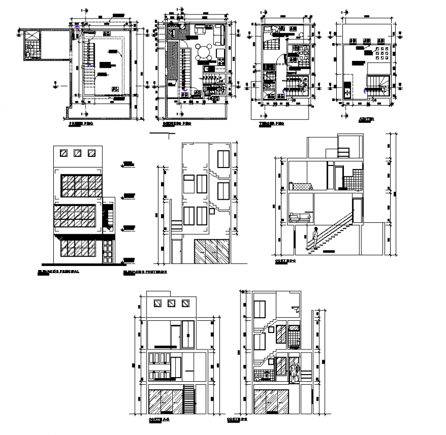 Apartment building structure detail elevation, plan and section layout file