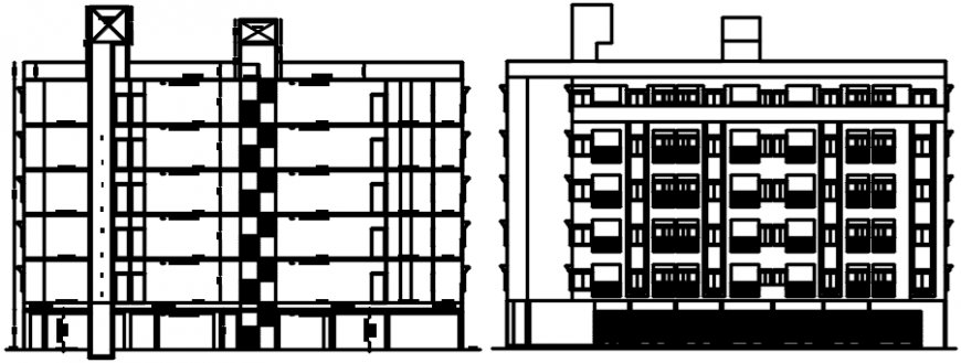 Apartment building with shop main elevation and section drawing details dwg file