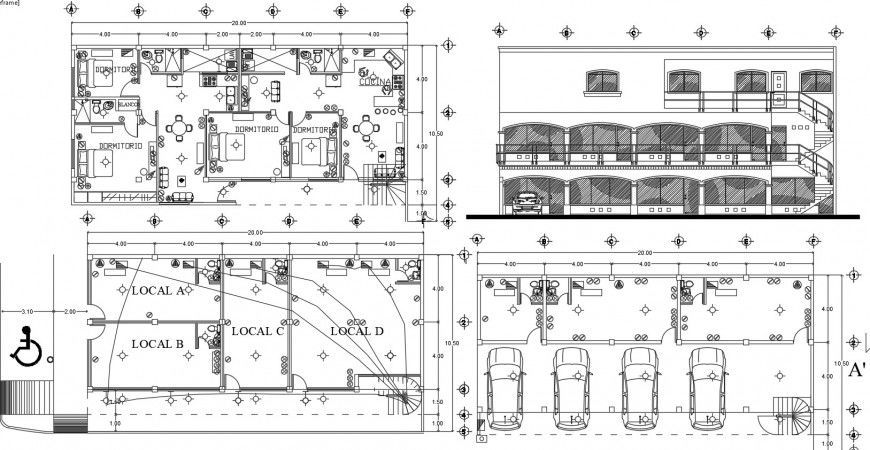 Apartment building with shops elevation and floor plan distribution details dwg file
