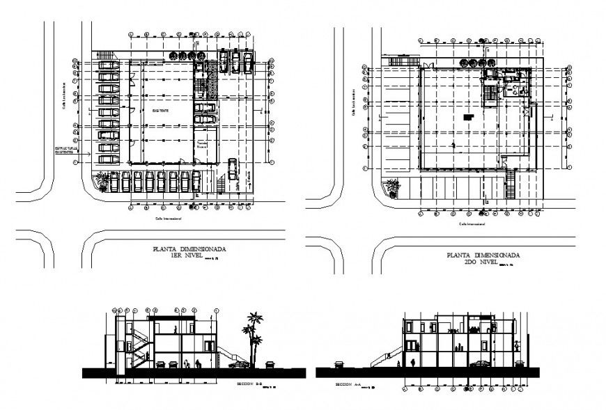 Apartment building with shops section, first and second floor plan cad drawing details dwg file