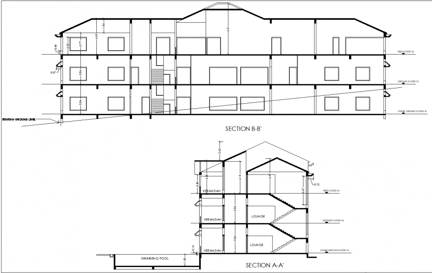 Apartment detail longitudinal and cross section detail in dwg file
