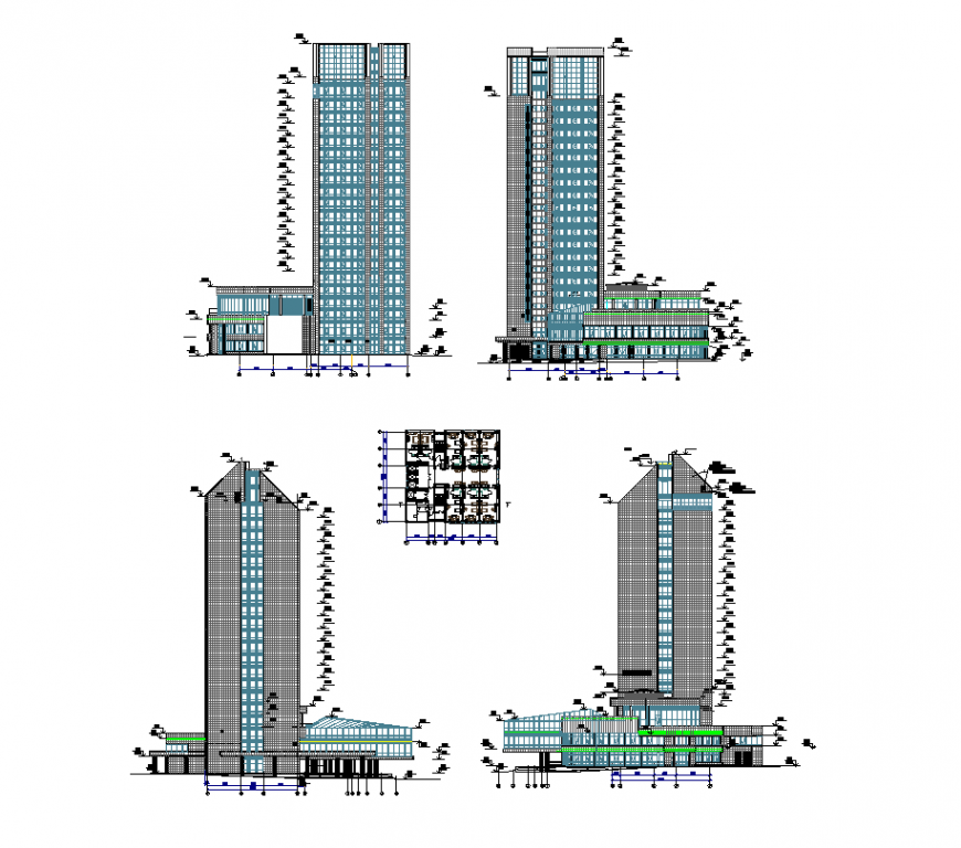 Apartment different side elevation and plan with architecture design dwg file