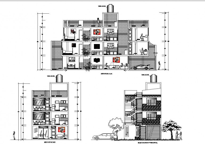 Apartment drawing elevation and section in dwg file.