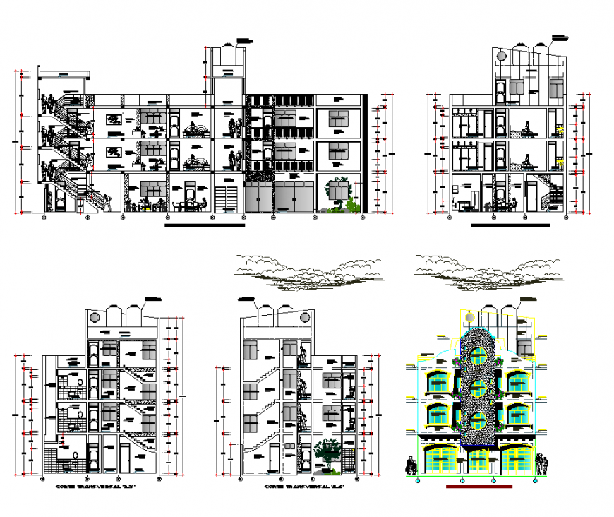 Apartment elevation in different side design dwg file