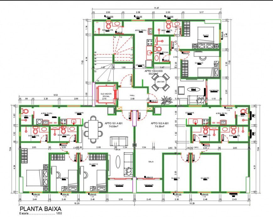 Apartment Flat Planning Plan DWG with Furniture and Dimensions