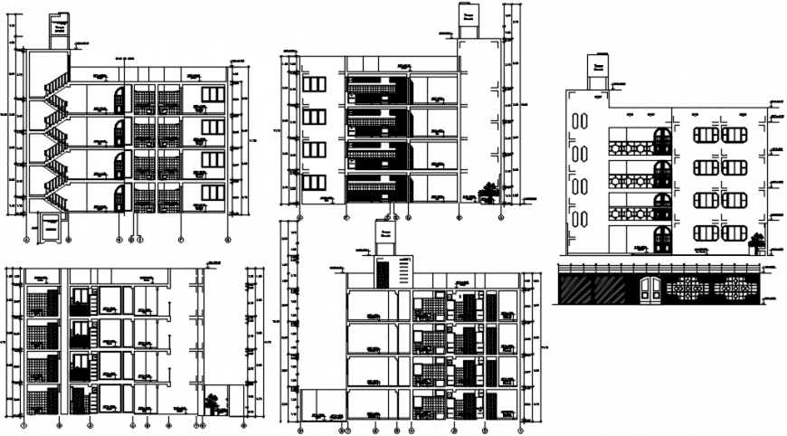 Apartment flats building all sided elevation and section drawing details dwg file