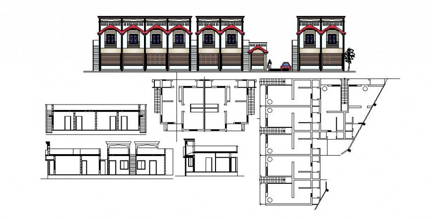 Apartment flats building main elevation and structure drawing details dwg file