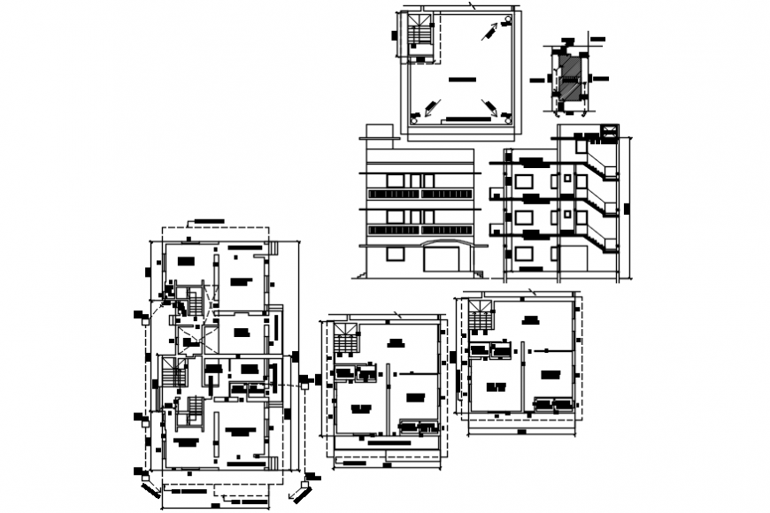 Apartment front elevation modern detail and section top view plan