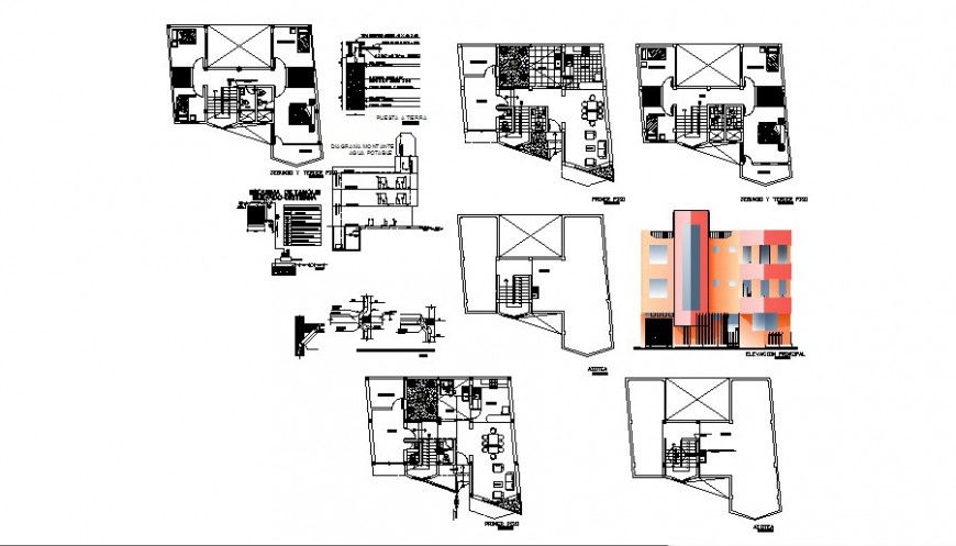 Apartment house building main elevation, floor plan and auto-cad drawing idea details dwg file