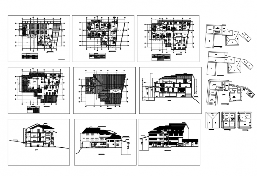 Apartment housing building elevation, section and floor plan details dwg file