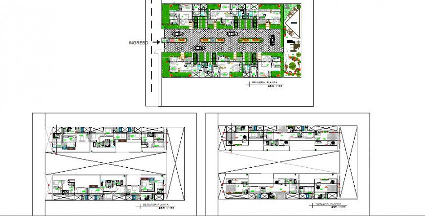 Apartment housing building first, second and third floor plan cad ...