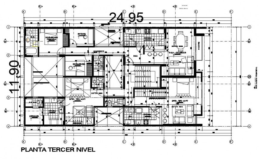 Apartment layout floor with furniture detail dwg file