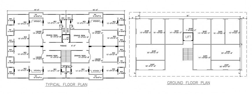 apartment residence layout plan with ground floor shop detail cad file