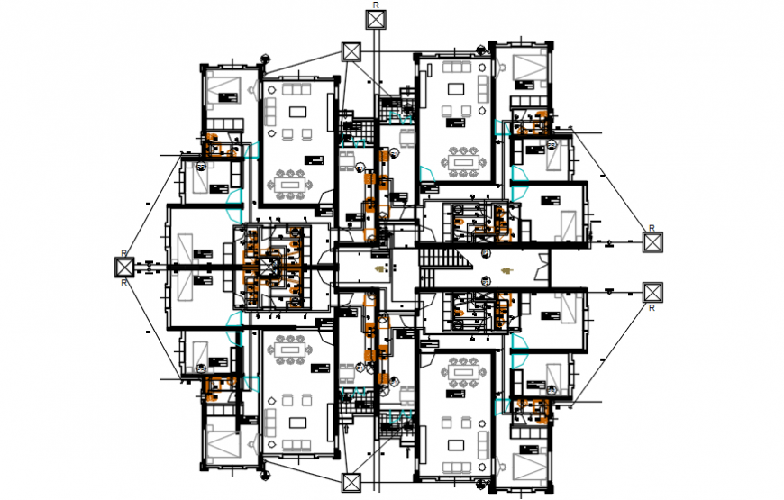 Apartment villa type houses fourth floor distribution plan with furniture drawing details dwg file
